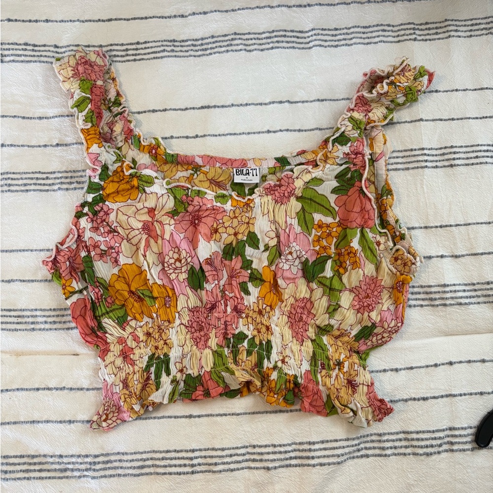 Bila Floral Smocked Crop Top — Pink, Green & Gold Accents